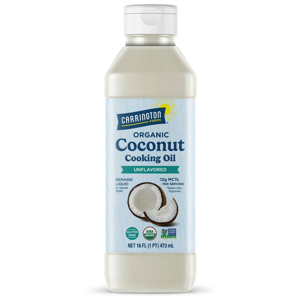 Carrington Farms liquid coconut oil bottle shown for versatile cooking and high heat