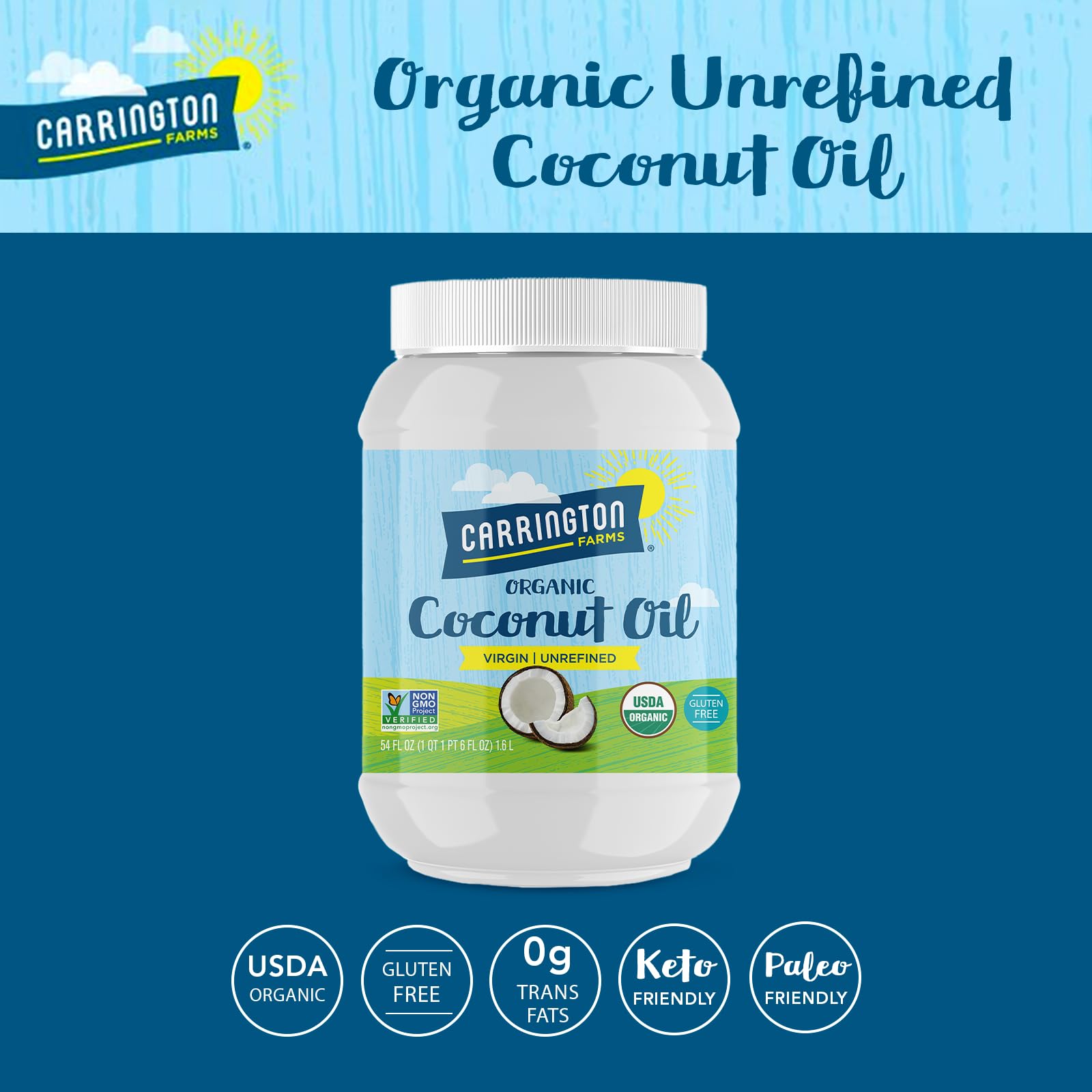 Carrington Farms non-GMO gluten-free coconut oil label shows purity and quality.