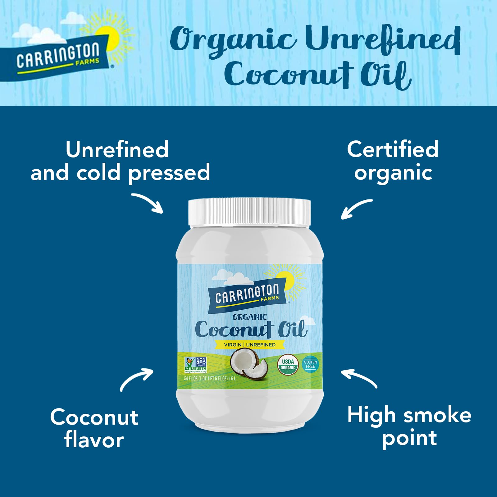 Carrington Farms coconut oil for baking and cooking in a jar.
