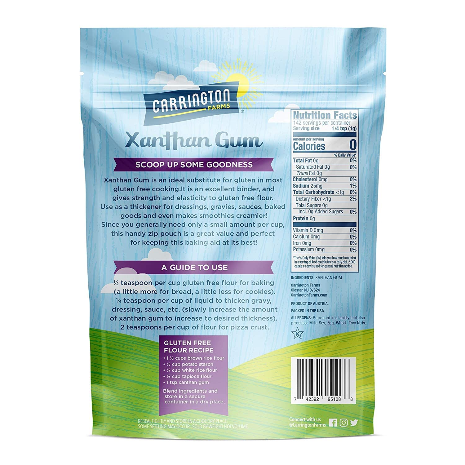 Close-up of Carrington Farms Xanthan Gum powder showing fine texture for thickening