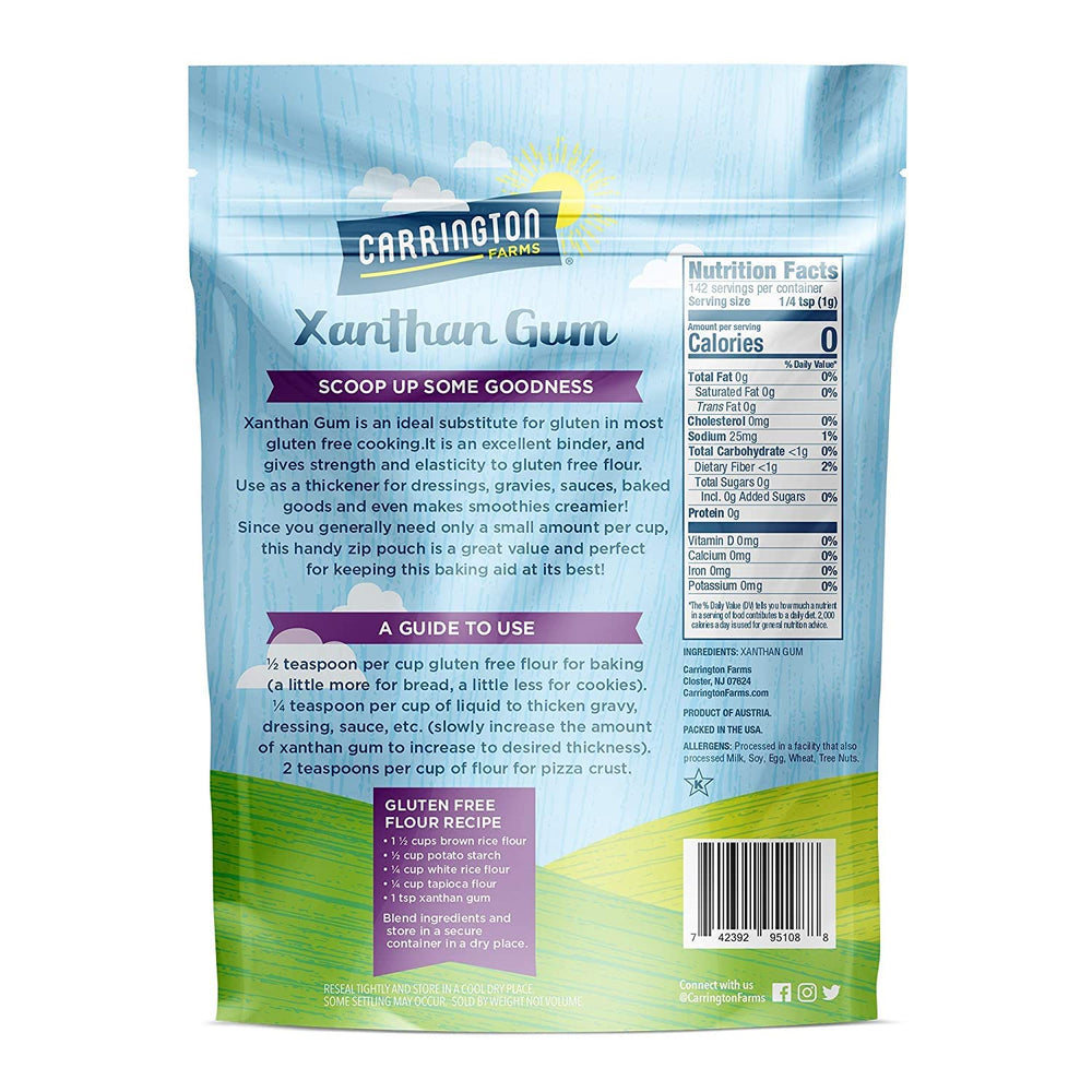 Close-up of Carrington Farms Xanthan Gum powder showing fine texture for thickening