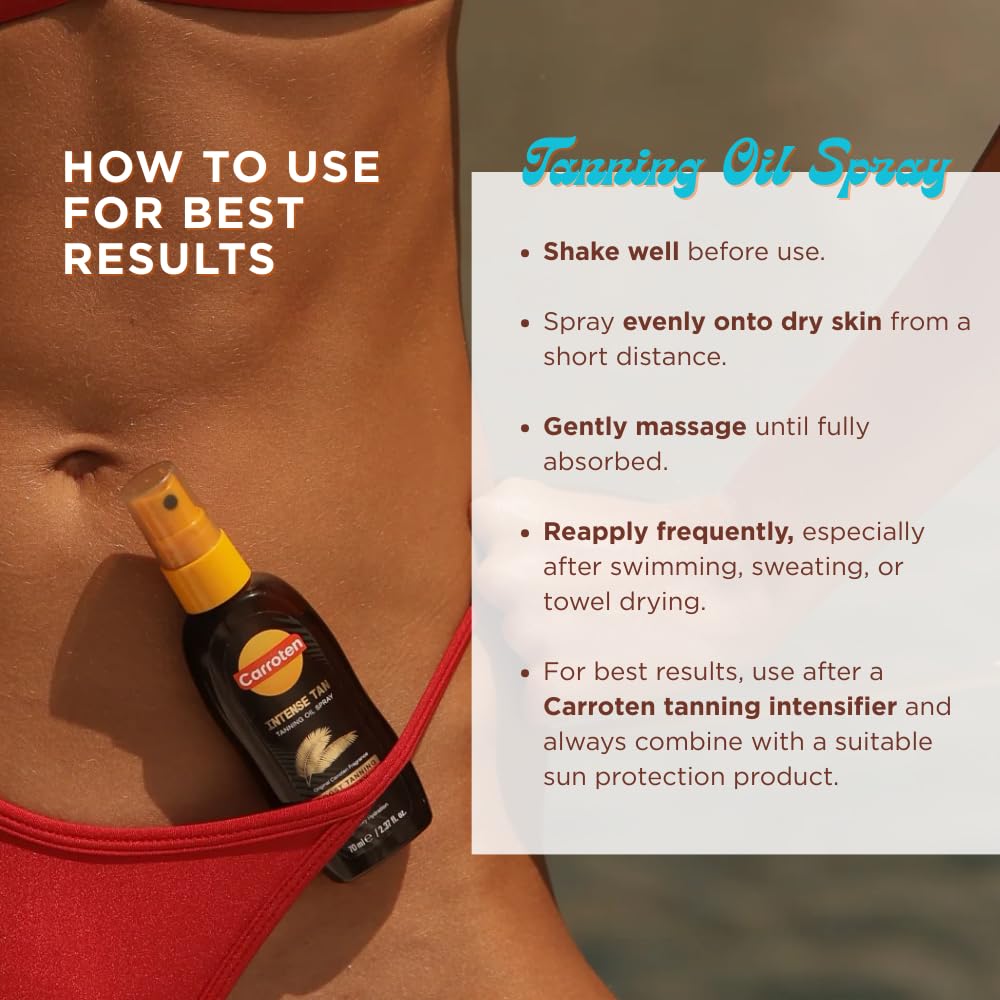Carroten tanning oil spray in action provides even coverage and bronze potential.