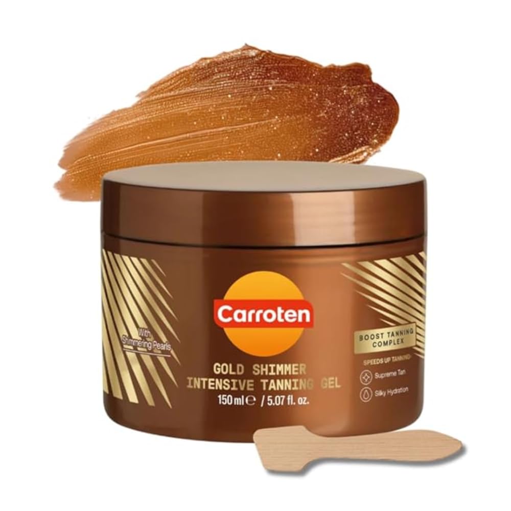 Carroten Gold Shimmer Tanning Gel bottle offers even application for a bronzed glow.