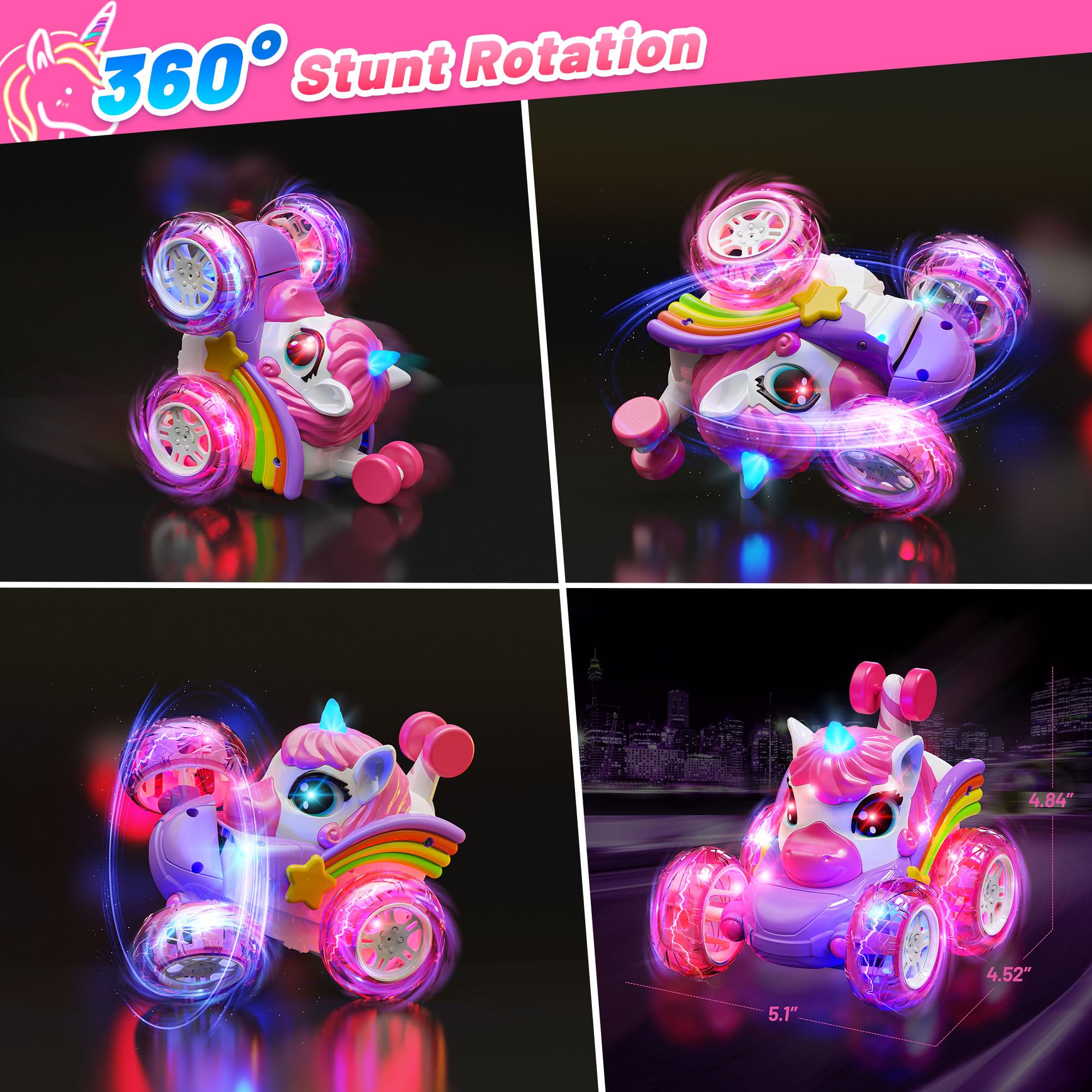 Carsky Unicorn RC car top view highlighting 360° stunt capability