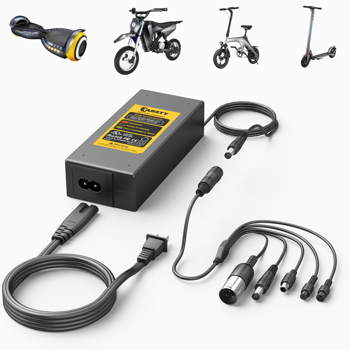 Carsty UL-Certified 42V hoverboard charger front view for safe charging.