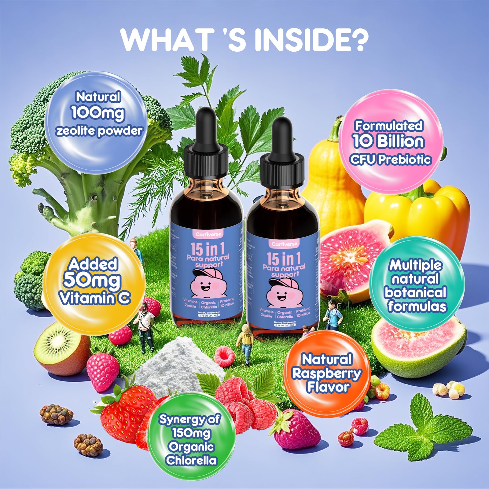 Cartiverse Child-Safe 15-in-1 formula bottle highlighting digestive balance and wellness