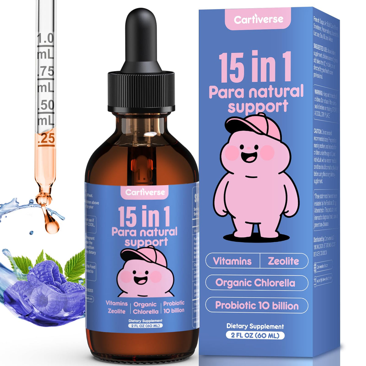 Cartiverse Parasite Cleanse bottle shown for easy daily detox support and kid-friendly use