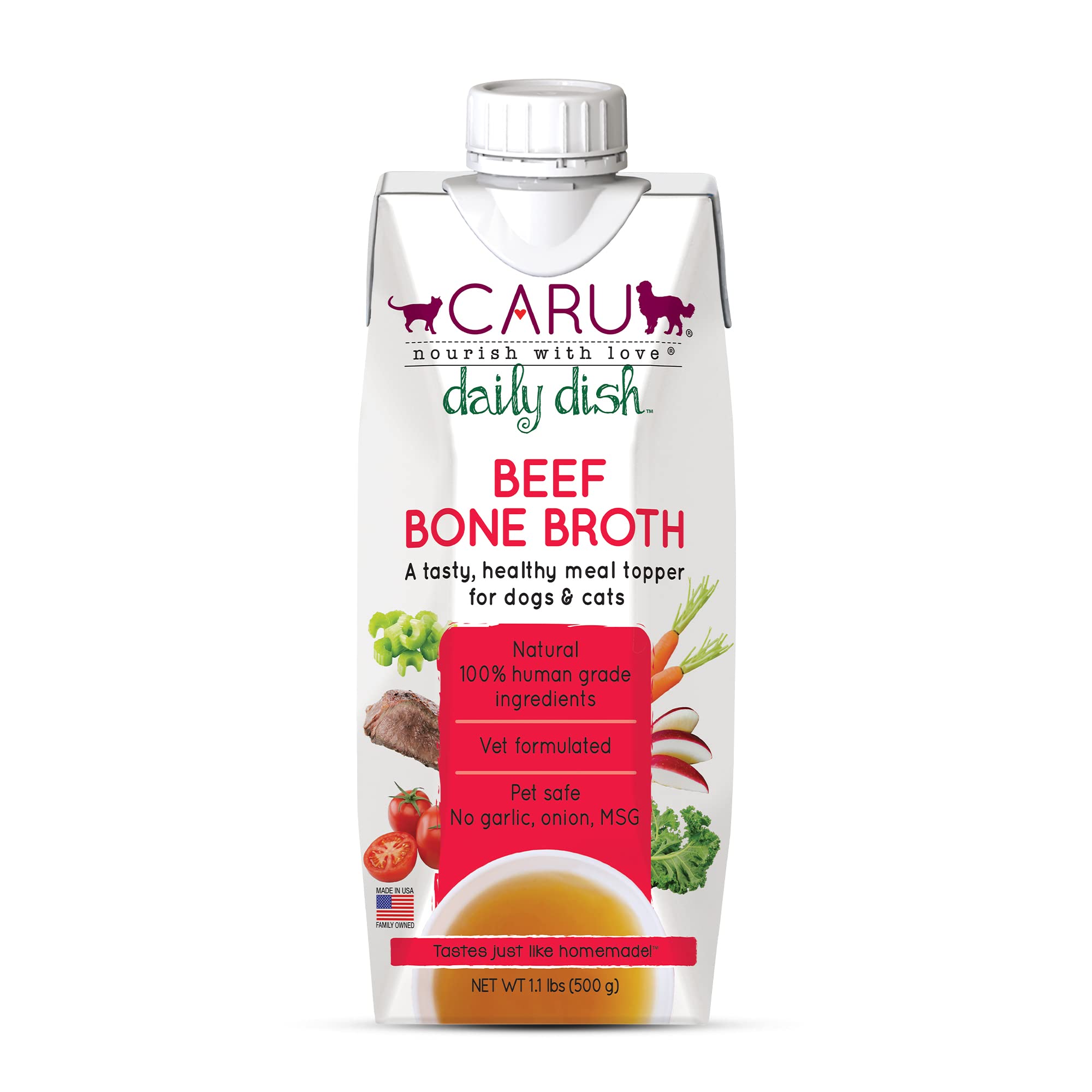 Caru Daily Dish Beef Bone Broth being poured over pet food to boost flavor