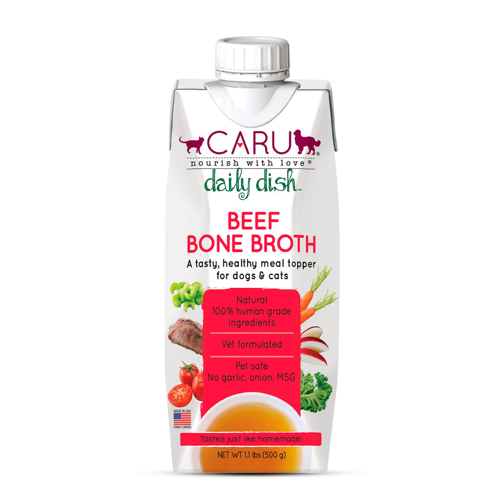 Caru Daily Dish Beef Bone Broth being poured over pet food to boost flavor