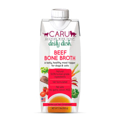 Caru Daily Dish Beef Bone Broth being poured over pet food to boost flavor