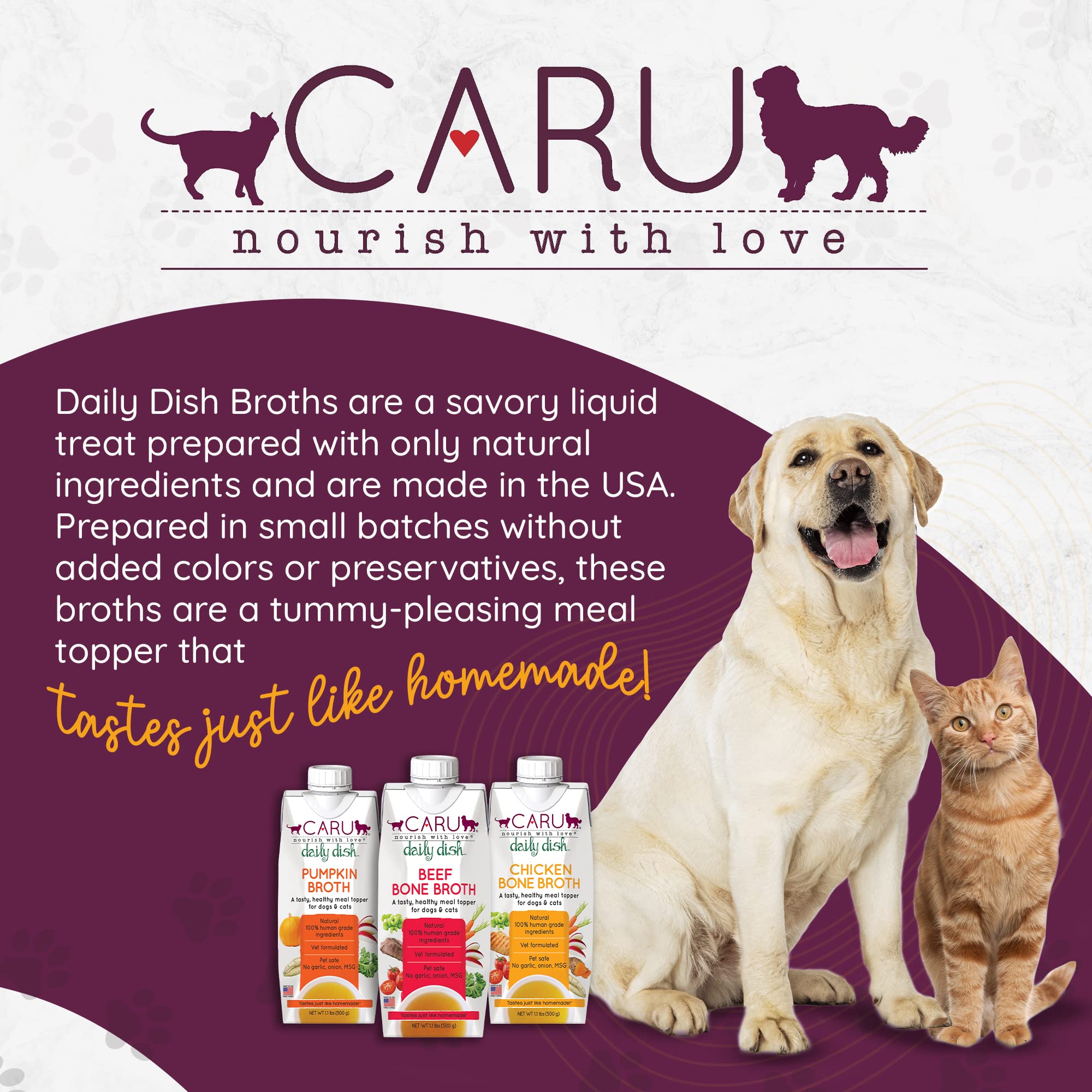 Caru Daily Dish Beef Bone Broth US-made label highlights small-batch production