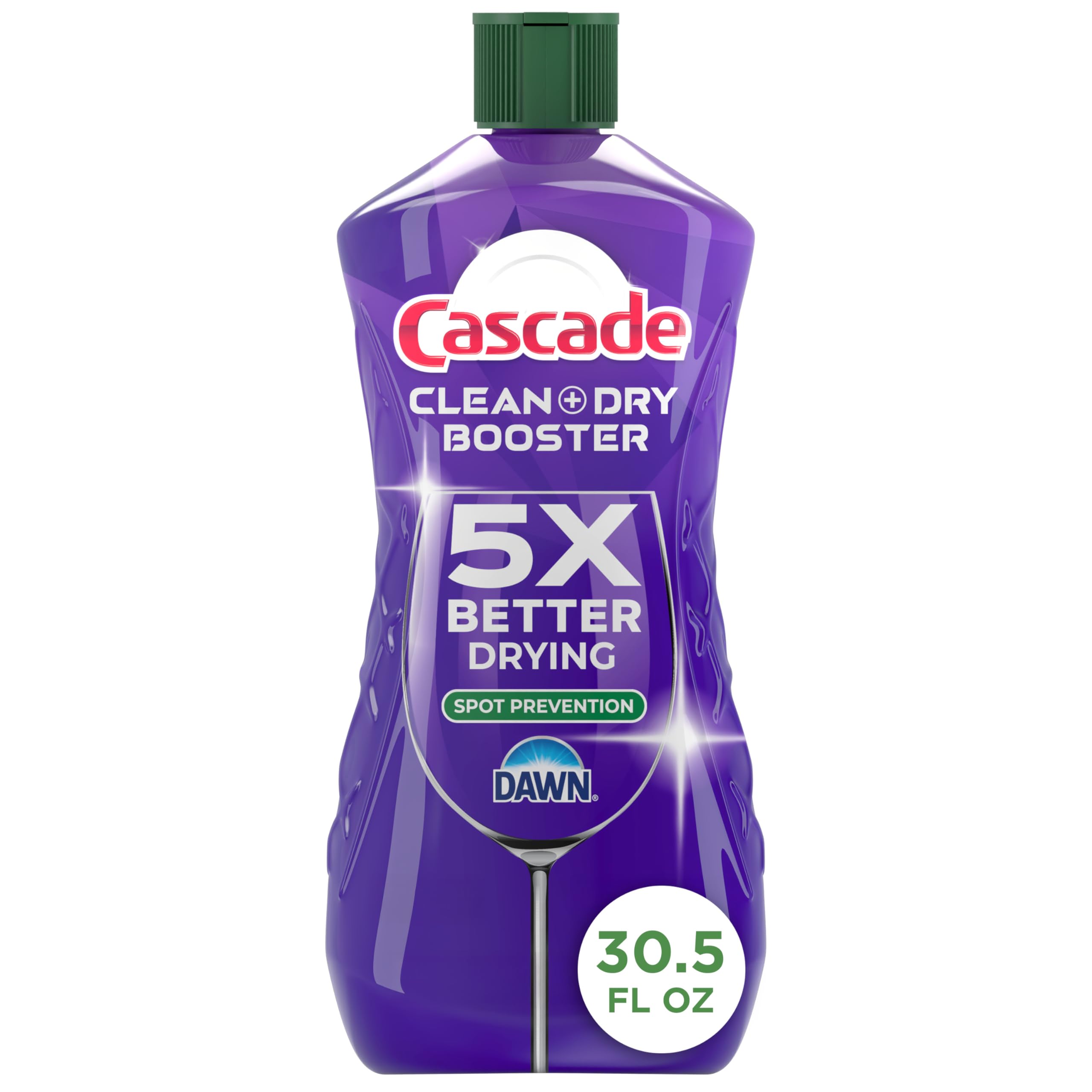 Cascade Clean & Dry Booster bottle cap shown for easy refill and spotless rinsing
