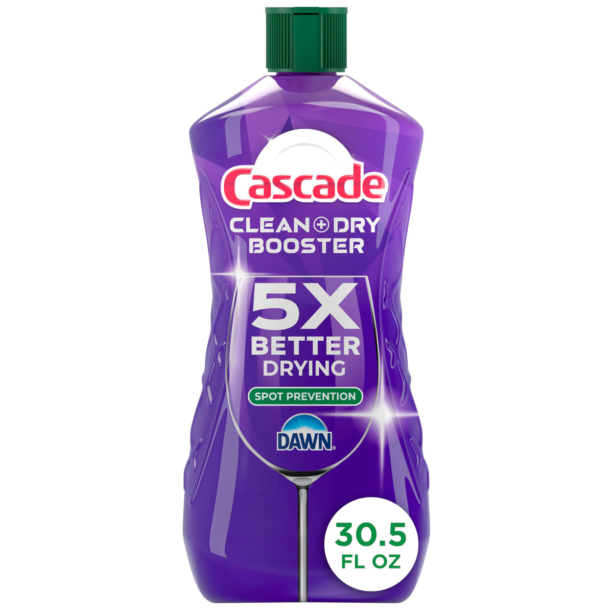 Cascade Clean & Dry Booster bottle cap shown for easy refill and spotless rinsing