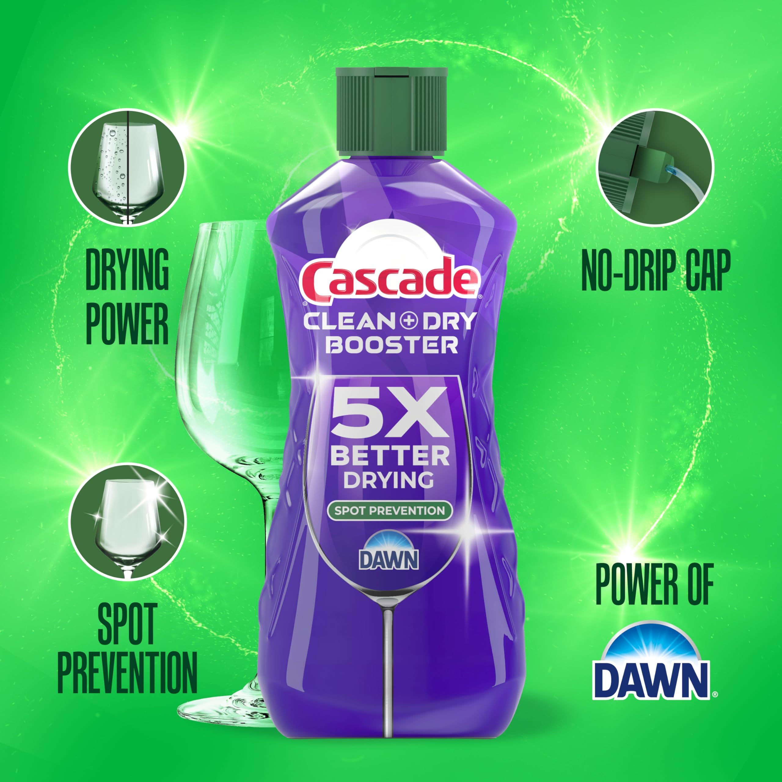 Cascade Clean & Dry Booster dishwasher pods highlighting powerful cleaning and quick drying