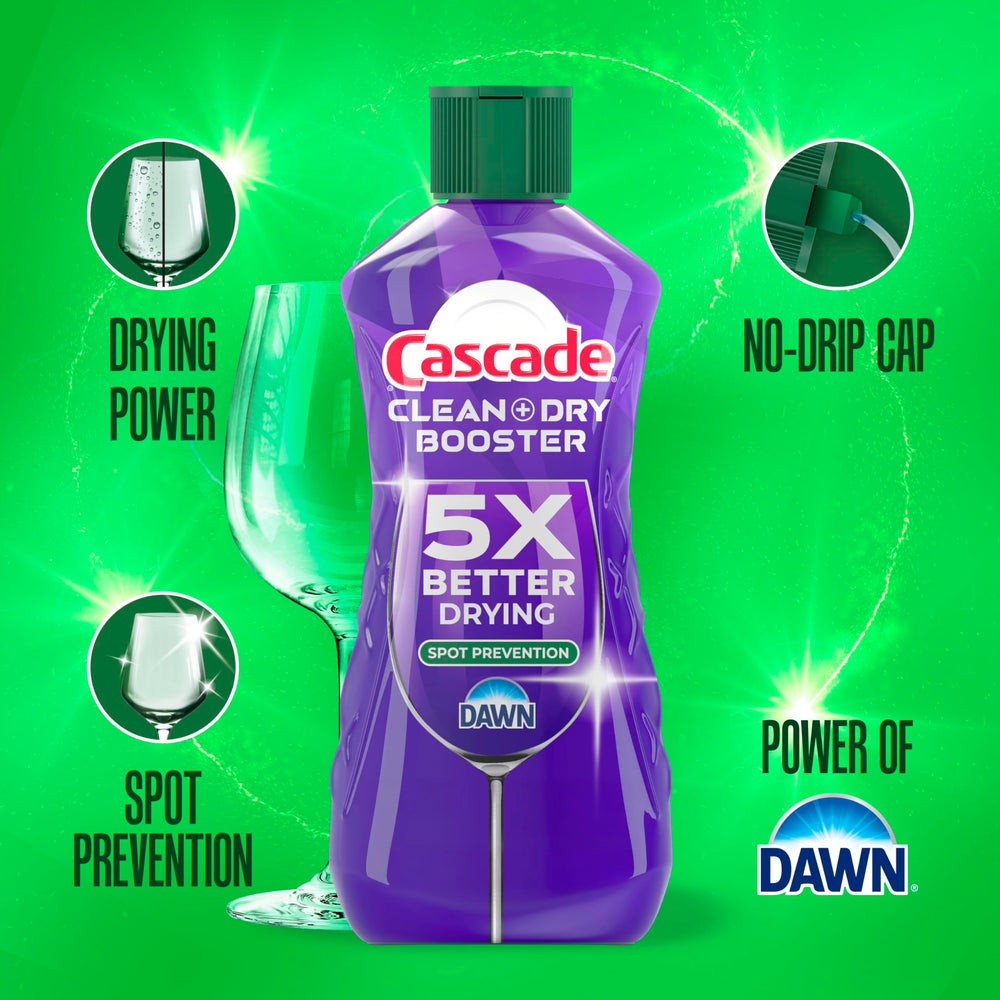 Cascade Clean & Dry Booster dishwasher pods highlighting powerful cleaning and quick drying