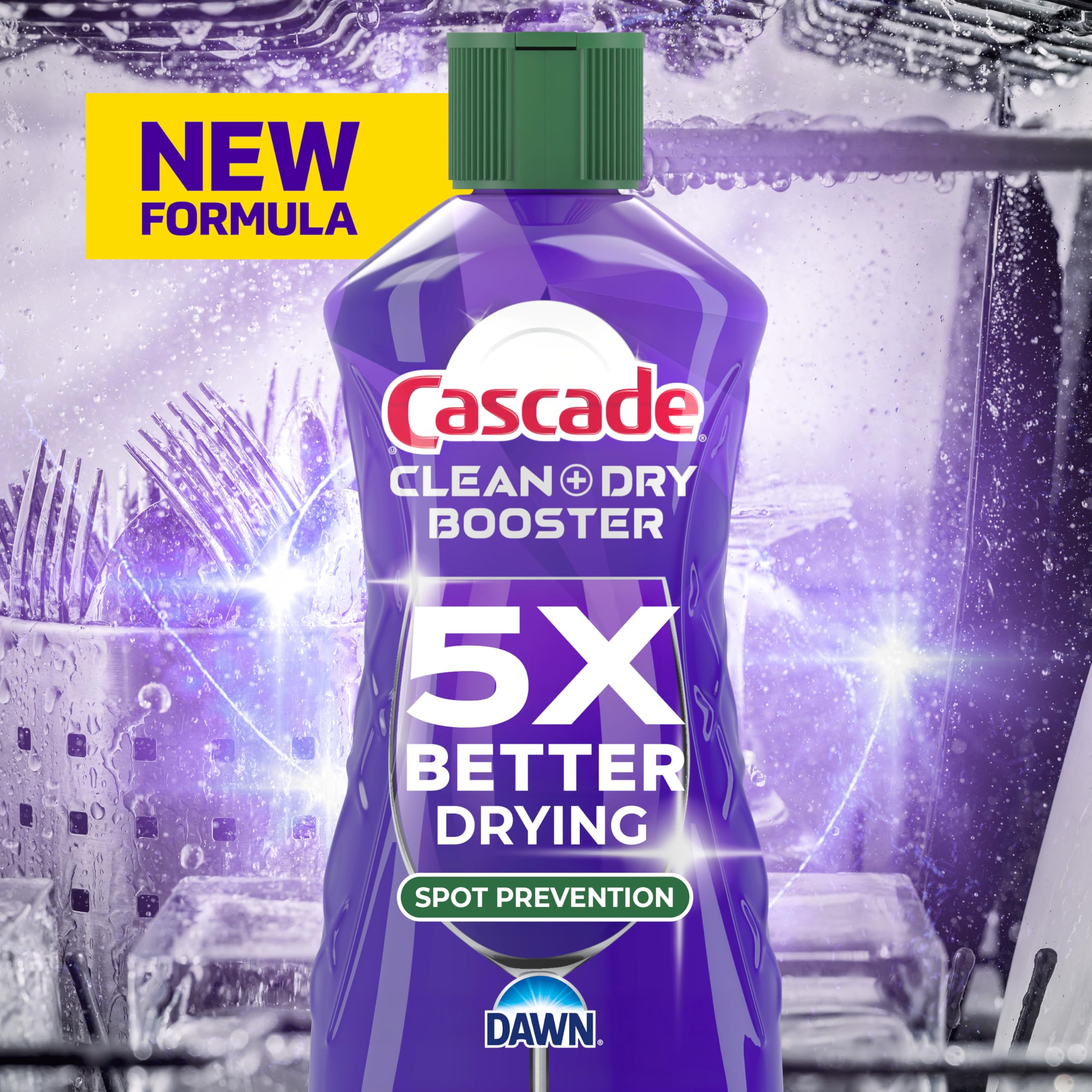 Cascade Clean & Dry Booster rinse-aid dispenser demonstrating efficient dispensing for fast drying