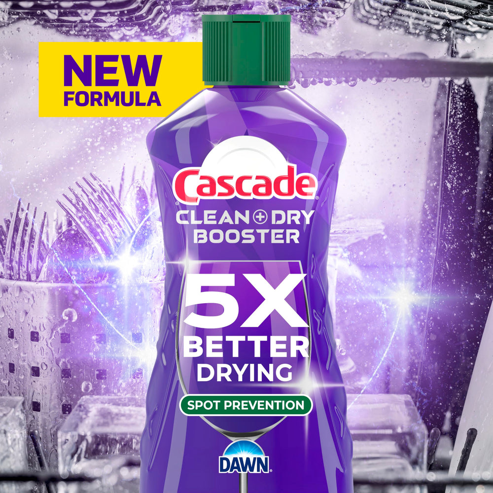 Cascade Clean & Dry Booster rinse-aid dispenser demonstrating efficient dispensing for fast drying