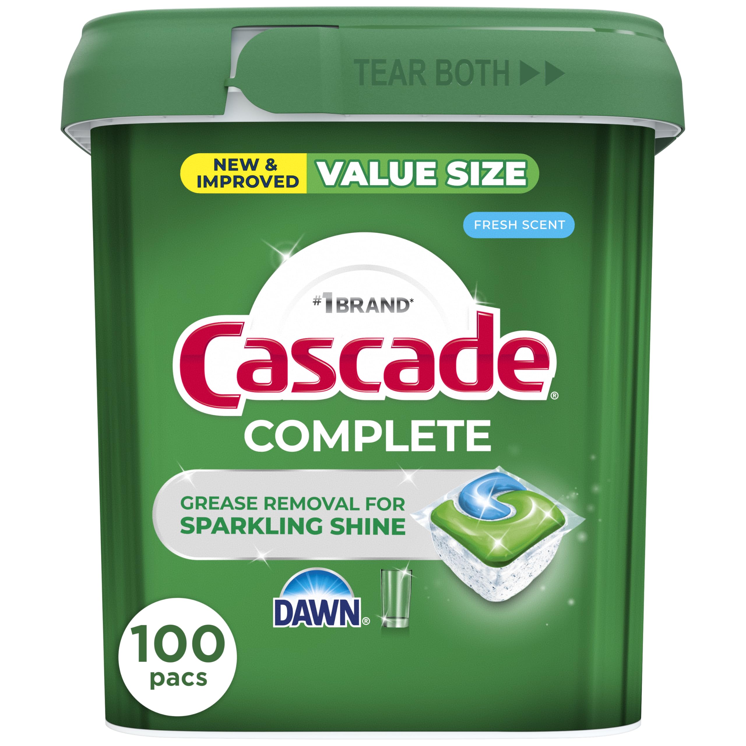 Cascade Complete dishwasher pods fresh scent pack shown for convenient all-in-one cleaning solution.