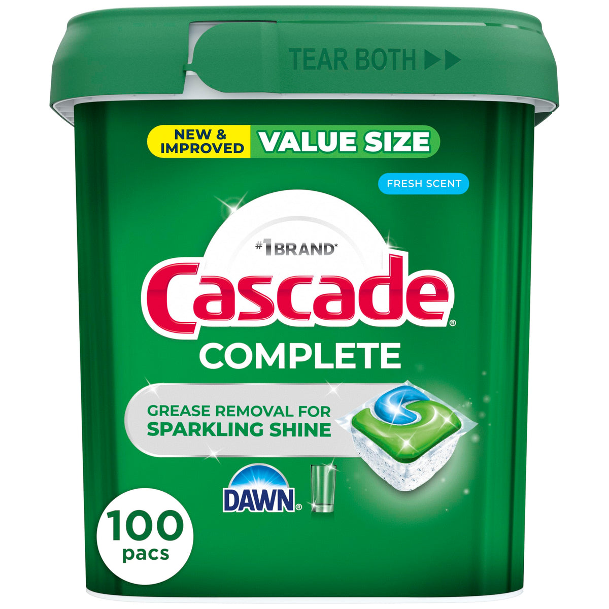 Cascade Complete dishwasher pods fresh scent pack shown for convenient all-in-one cleaning solution.