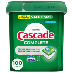 Cascade Complete dishwasher pods fresh scent pack shown for convenient all-in-one cleaning solution.