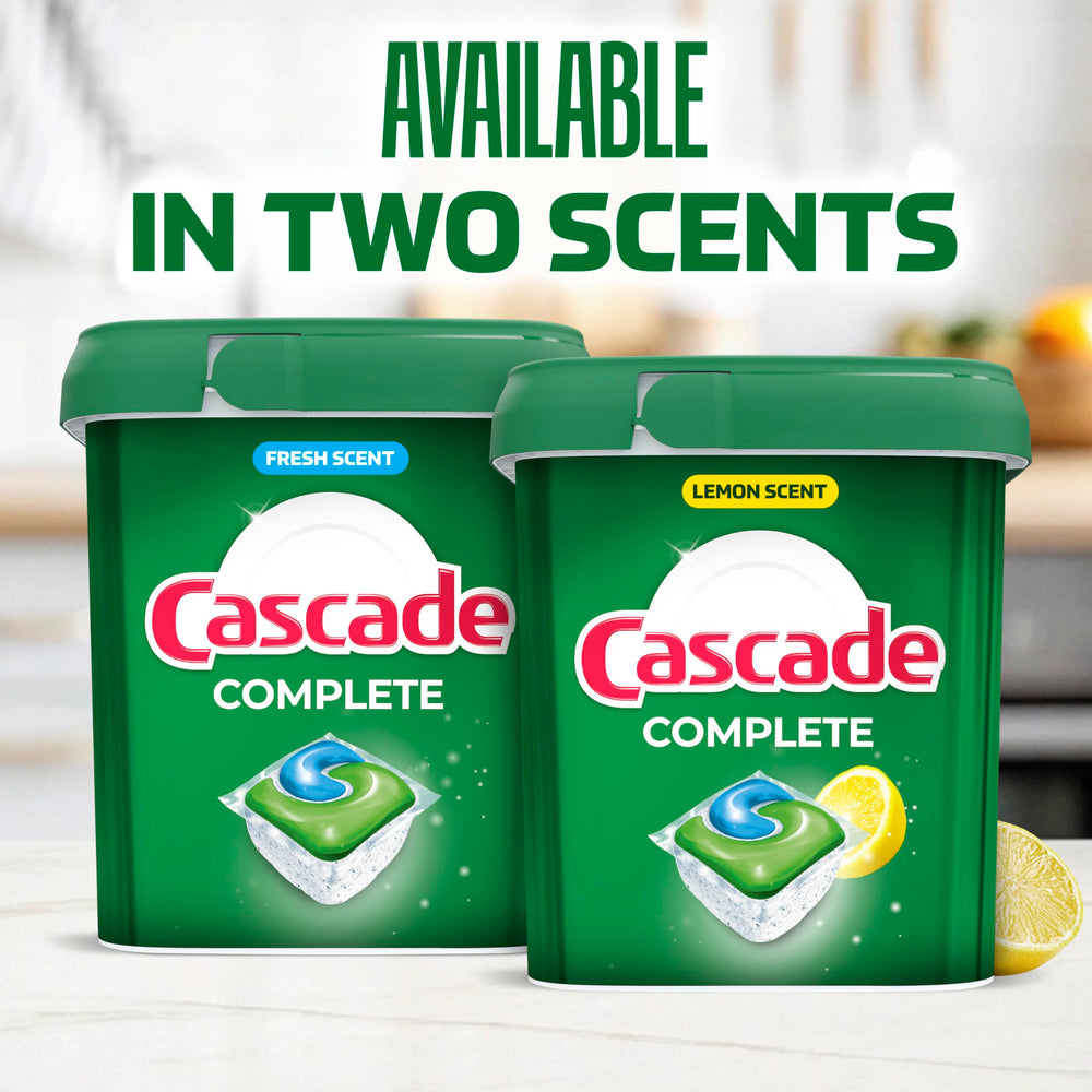 Cascade Complete dishwasher pods glass cleaning emphasizes shine on glasses and flatware.