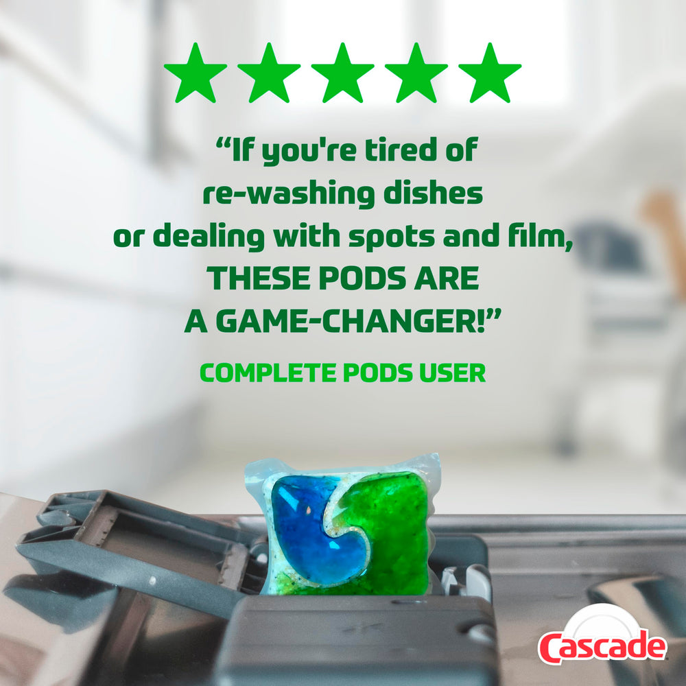 Cascade Complete dishwasher pods premeasured design saves time and mess at loading.