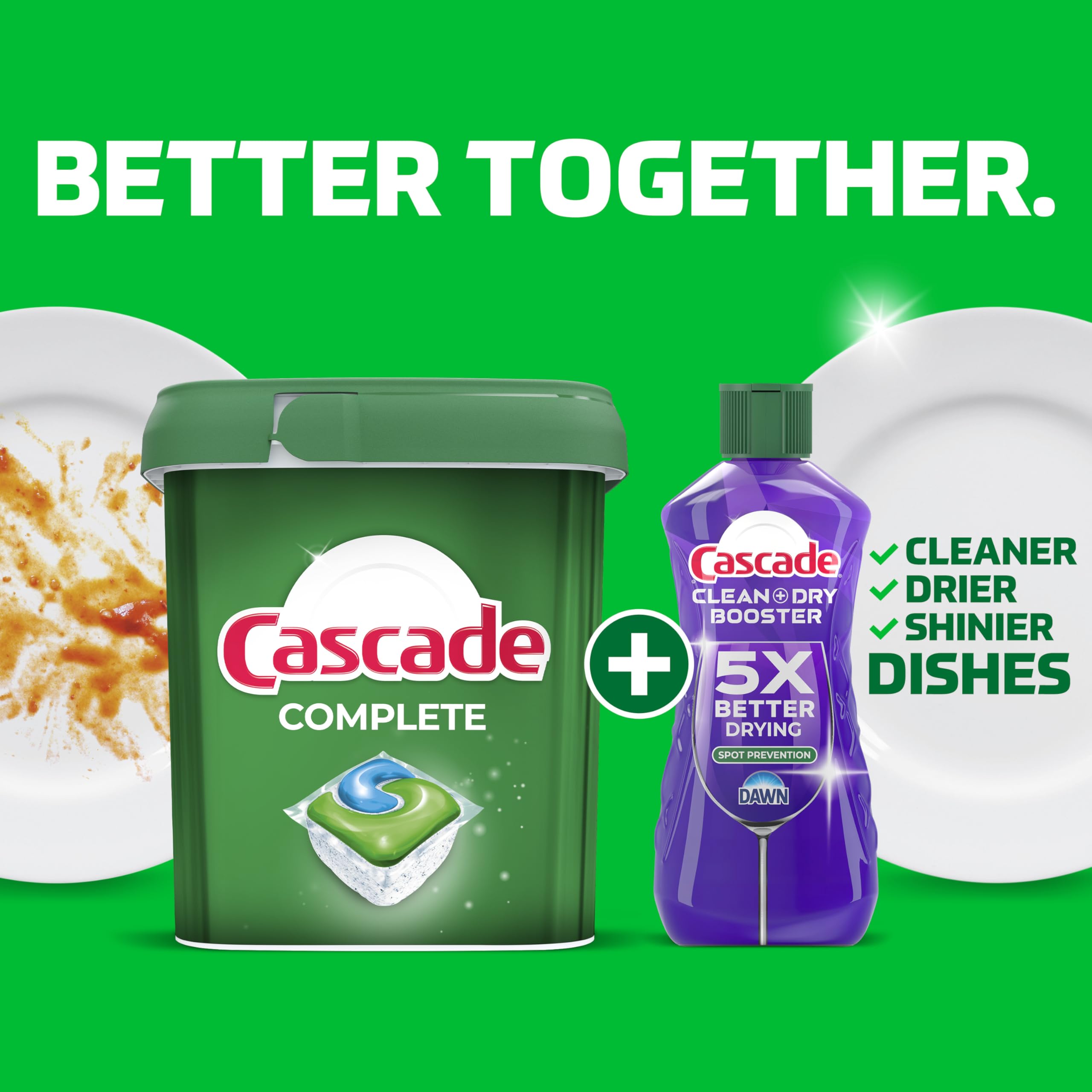 Cascade Complete dishwasher pods produce spotless dishes and minimize odor with fresh scent.