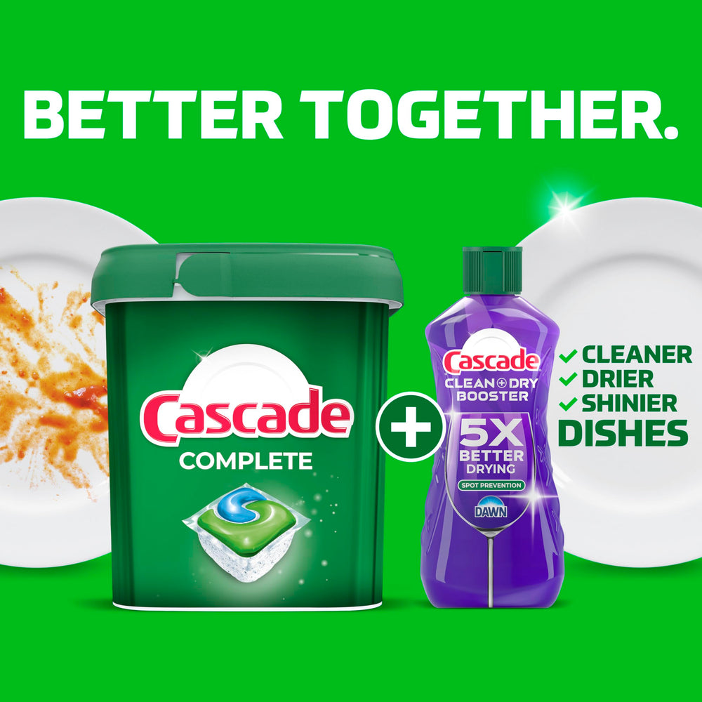 Cascade Complete dishwasher pods produce spotless dishes and minimize odor with fresh scent.