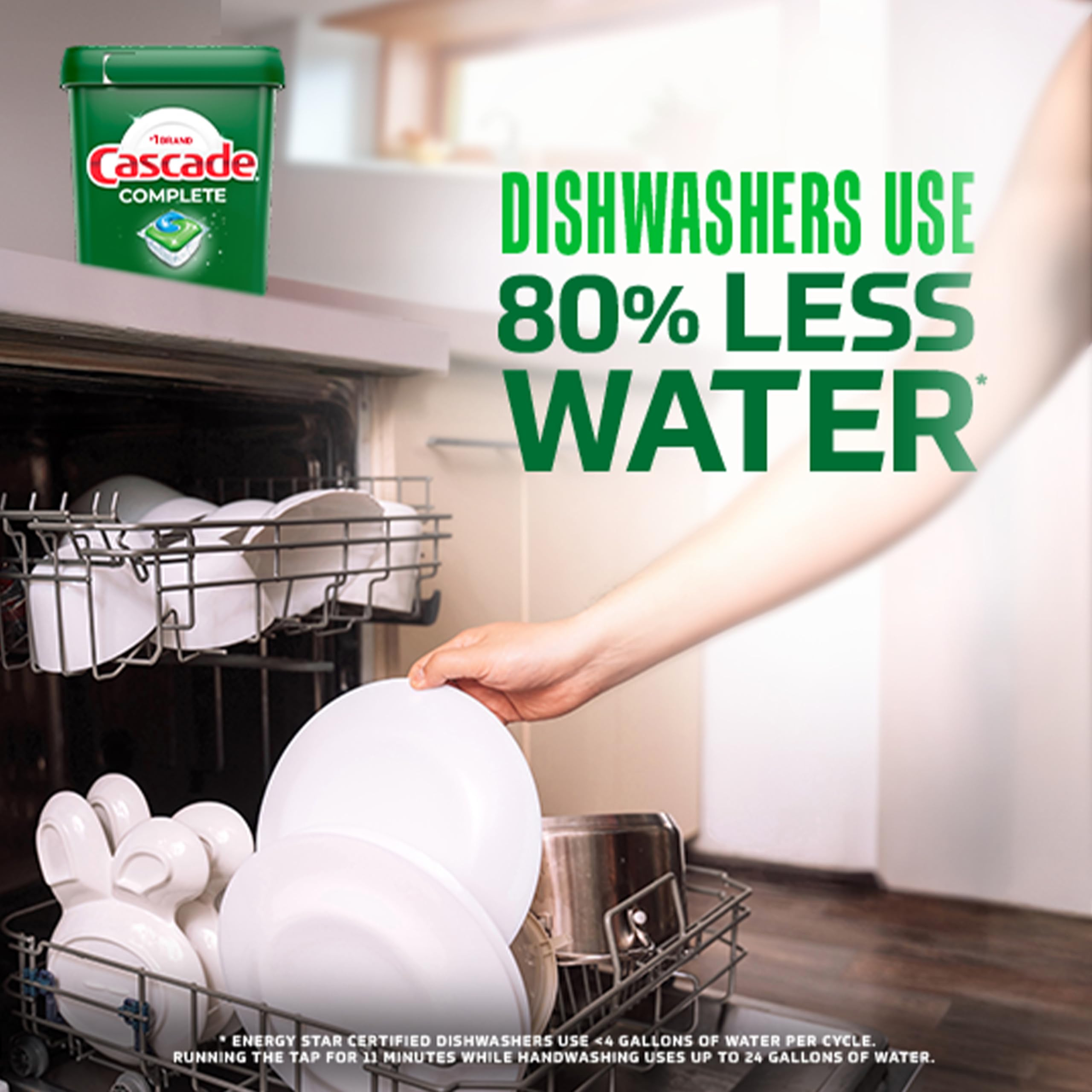 Cascade Complete dishwasher pods value pack communicates savings for everyday cleaning.