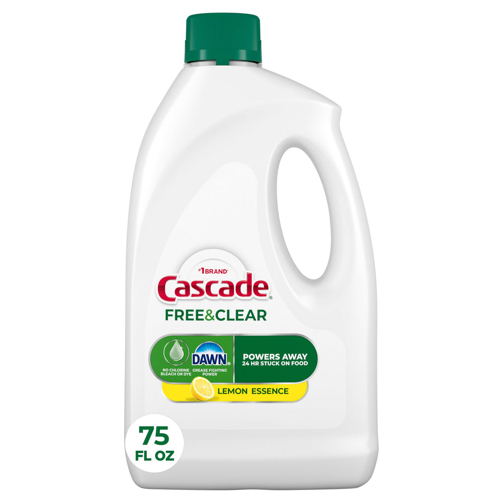 Cascade Free & Clear lemon gel bottle for easy dosing and clean dishes.