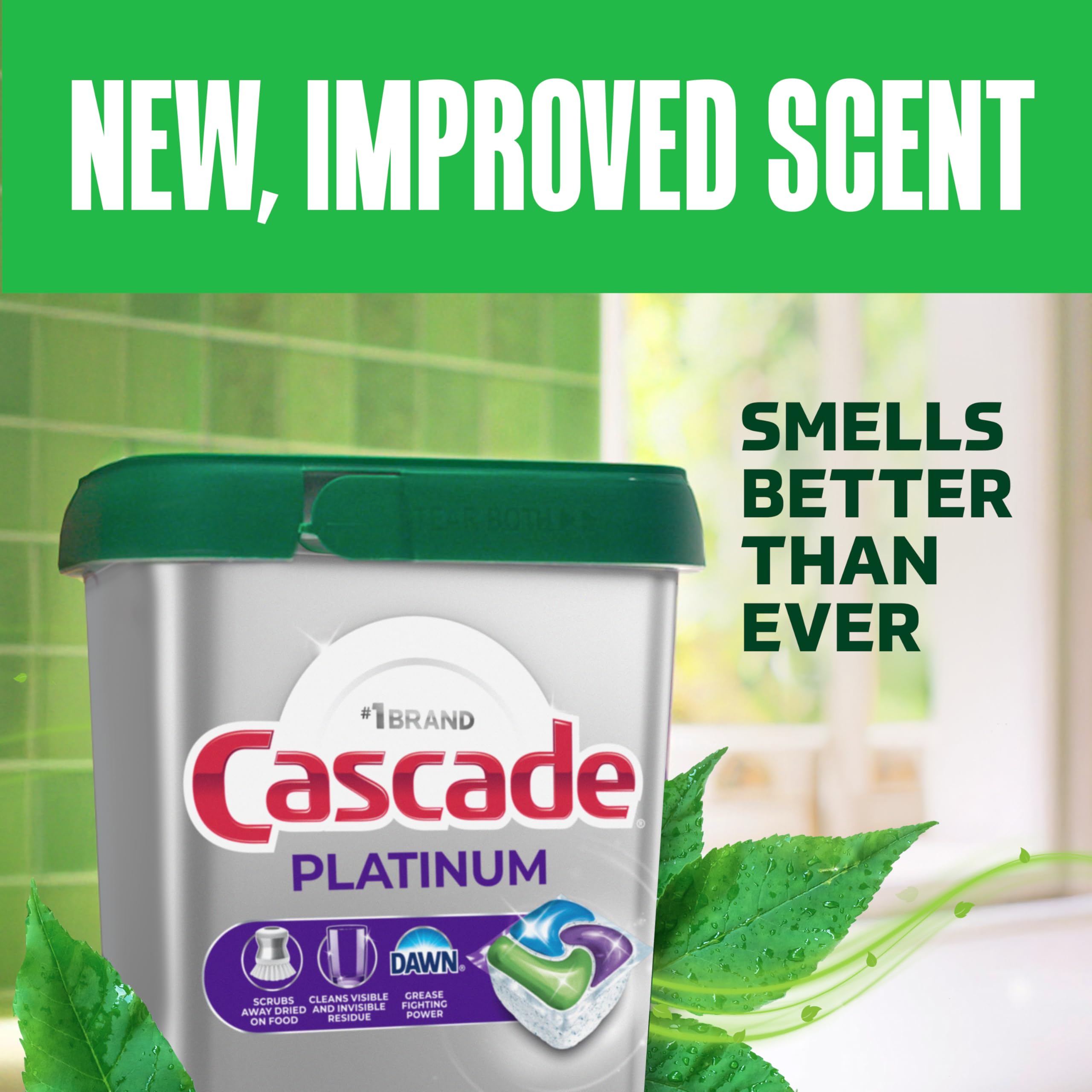 Cascade Platinum 40-count box on a kitchen counter for easy refills.