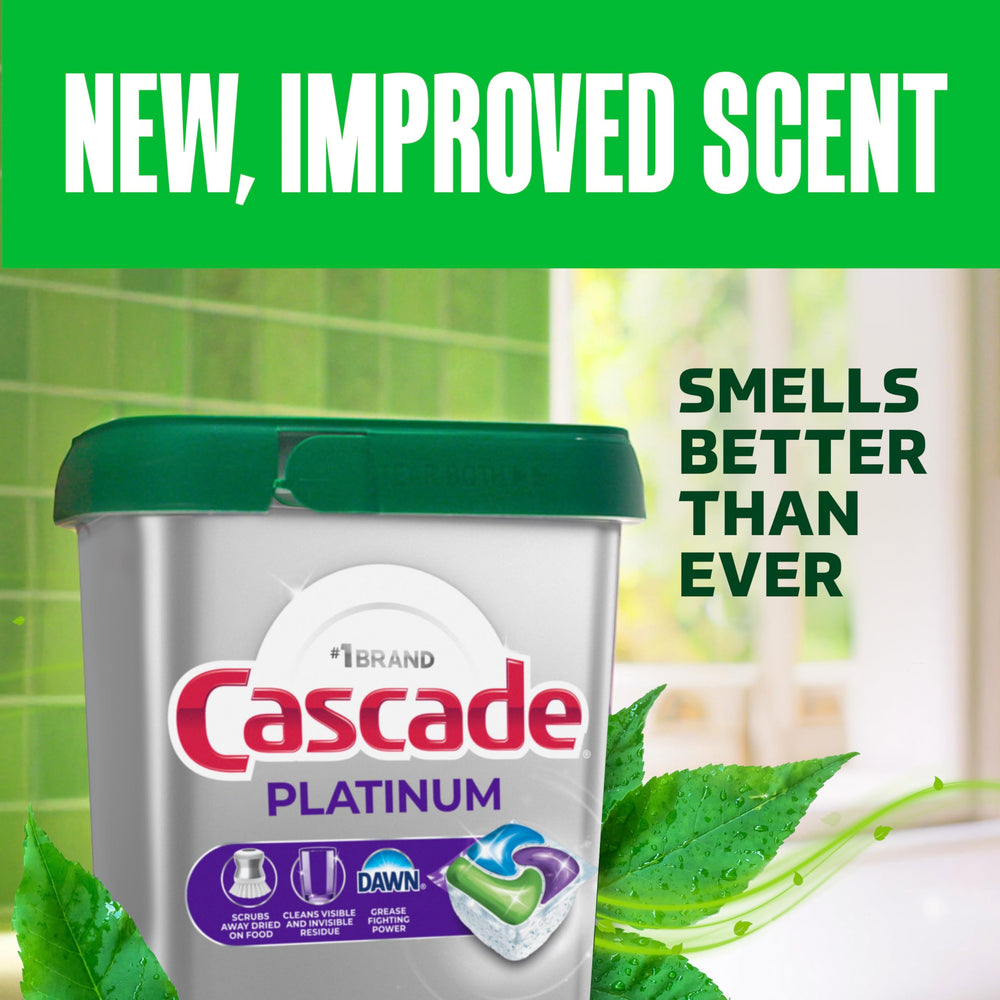 Cascade Platinum 40-count box on a kitchen counter for easy refills.