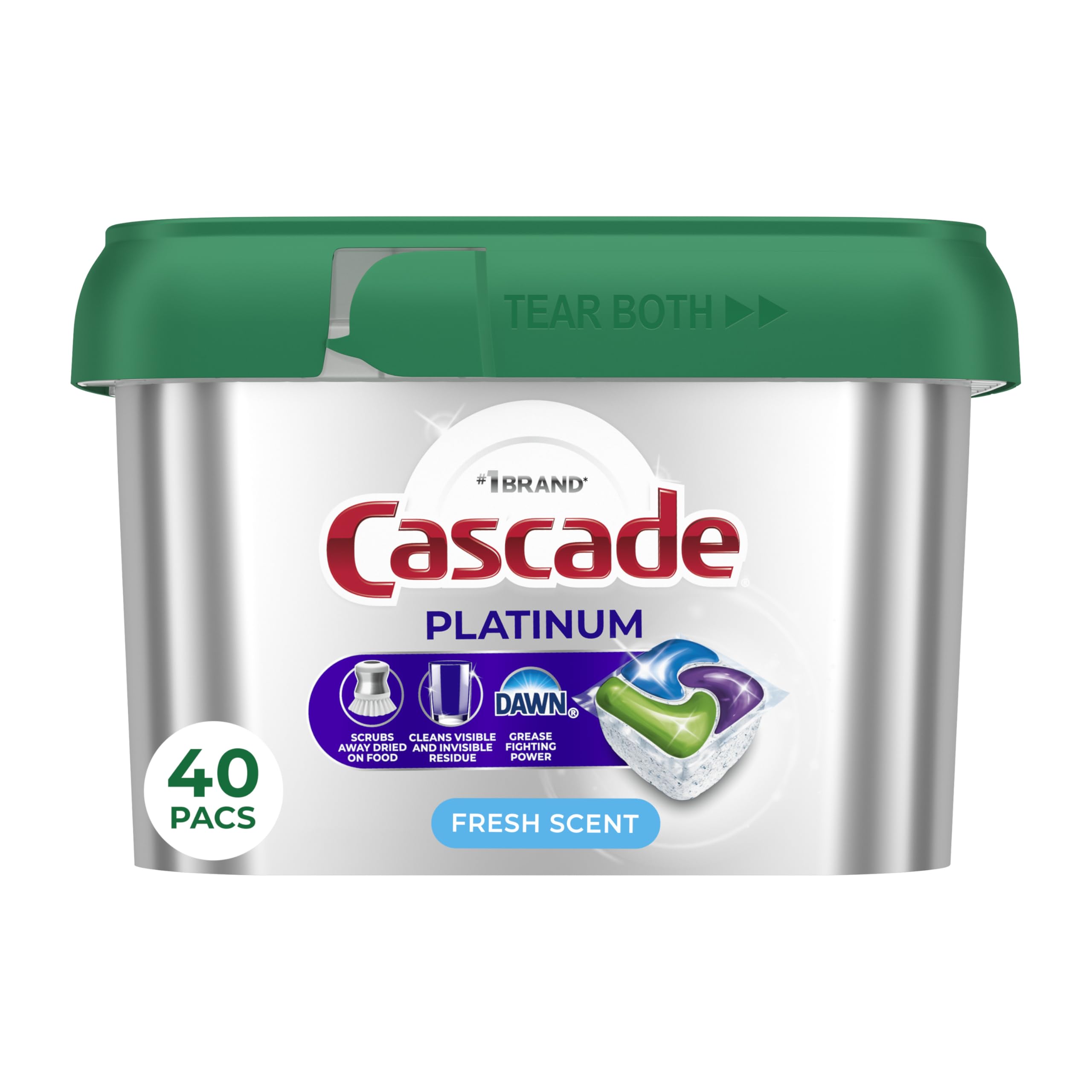 Cascade Platinum ActionPacs bottle shows fast-dissolving pods for quick cleaning.