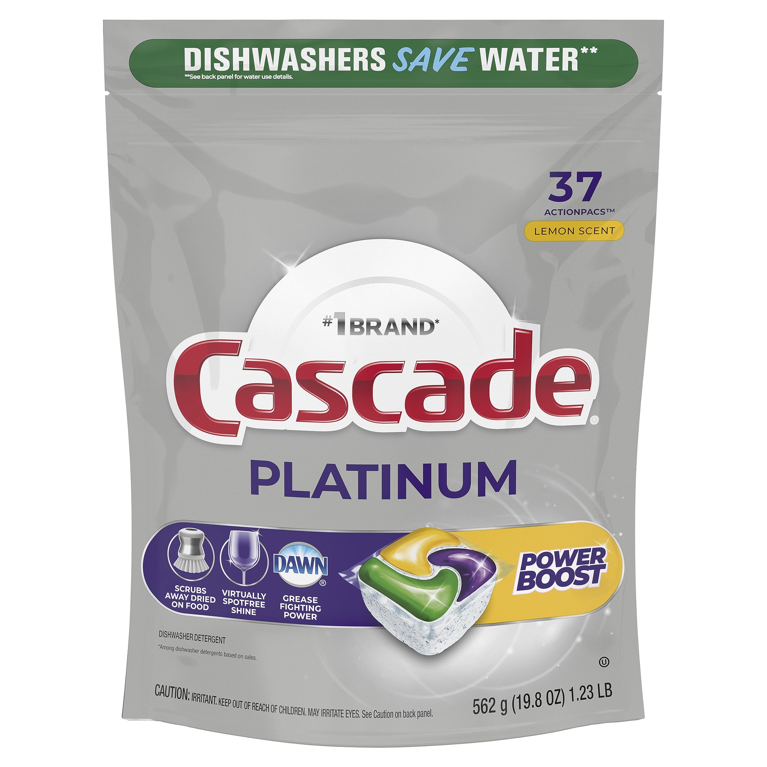 Cascade Platinum Boost ActionPacs box front delivers a powerful clean.