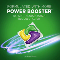 Cascade Platinum Boost ActionPacs dissolving grease for sparkling dishes.