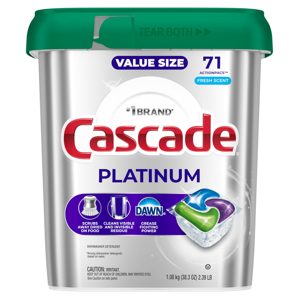 Cascade Platinum dishwasher shown with sparkling dishes.