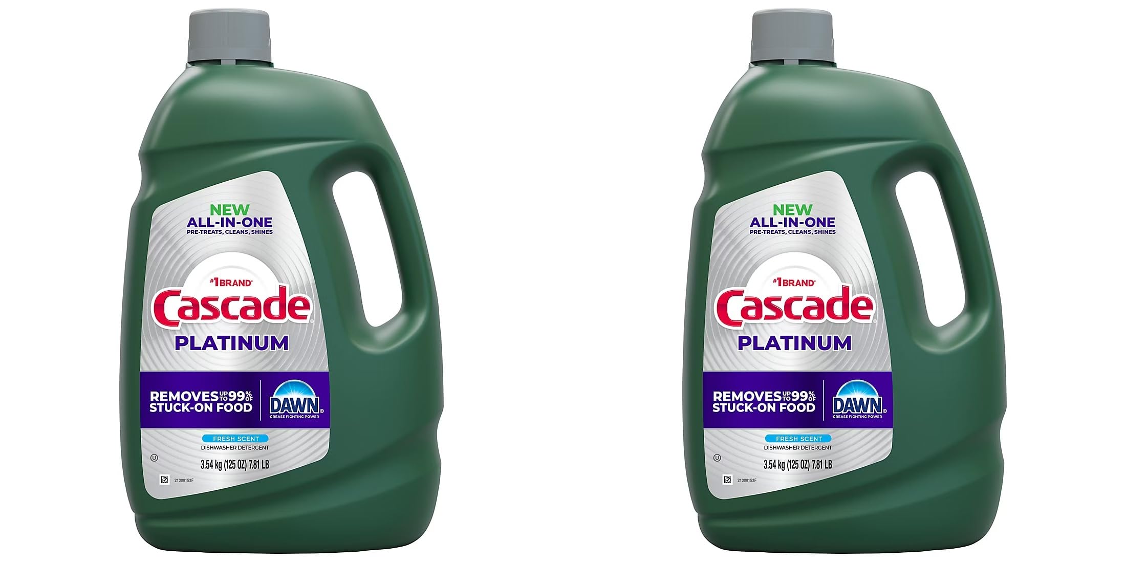 Cascade Platinum Dishwashing Gel bottle pouring with lemon scent for quick, clean dishes