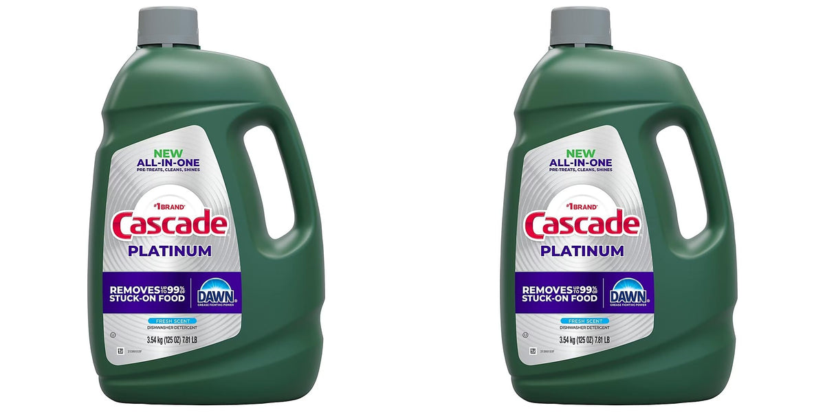 Cascade Platinum Dishwashing Gel bottle pouring with lemon scent for quick, clean dishes
