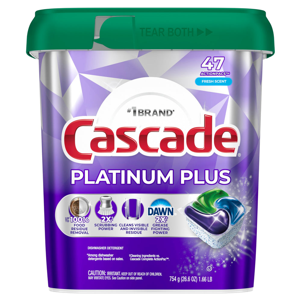 Cascade Platinum Plus ENERGY STAR badge signals efficient dishwasher use.