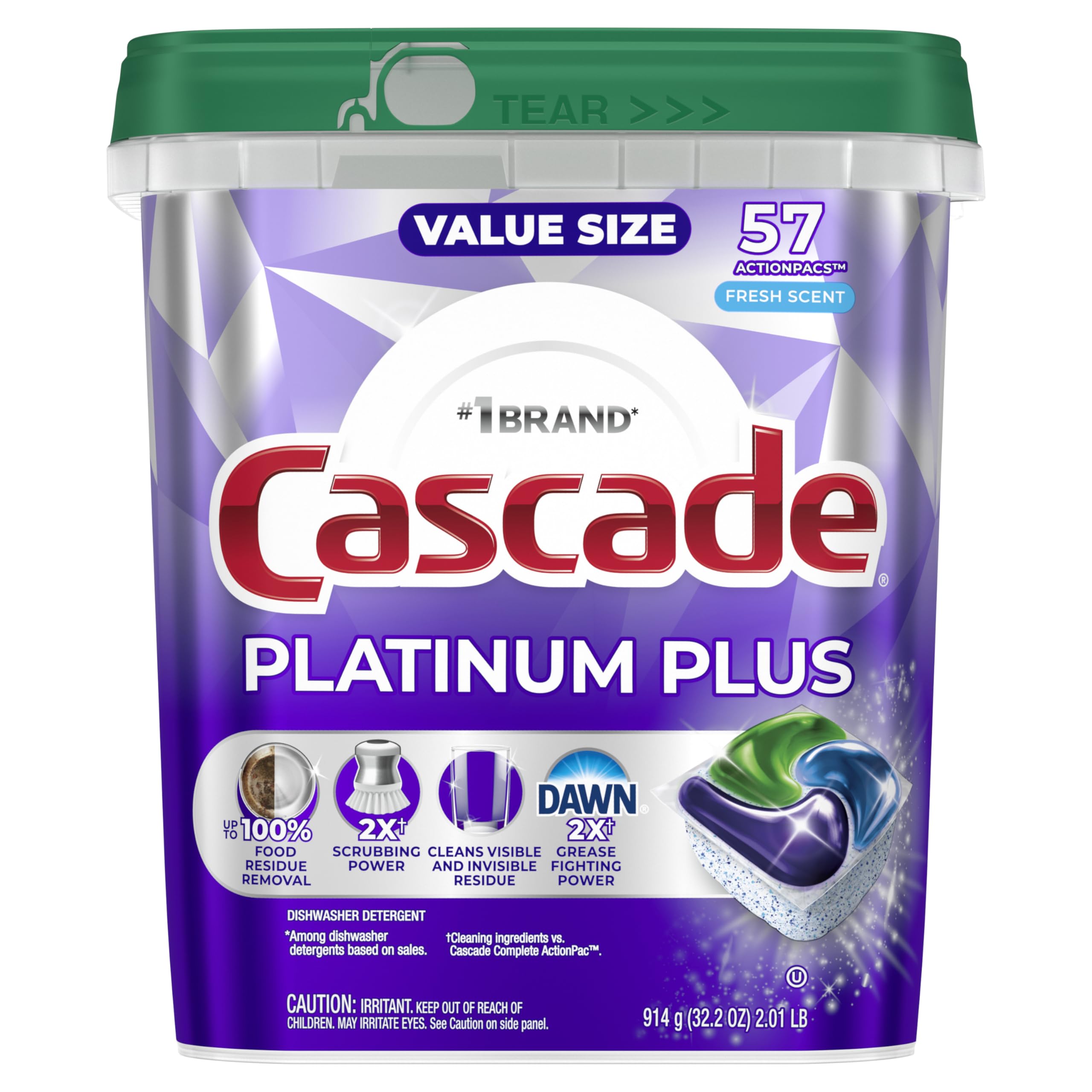 Fresh scent graphic on Cascade Platinum Plus packaging suggests a clean aroma