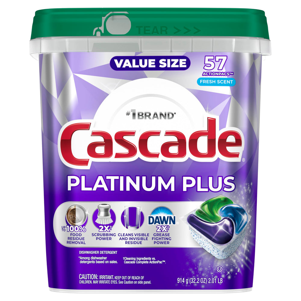 Fresh scent graphic on Cascade Platinum Plus packaging suggests a clean aroma