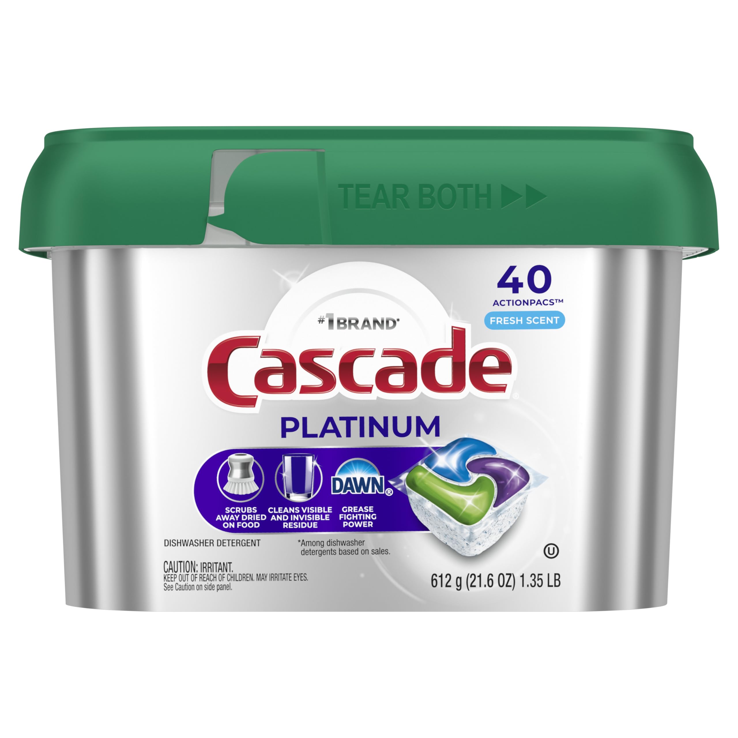 Cascade Platinum bottle shown with plumbing-safe detergent label.