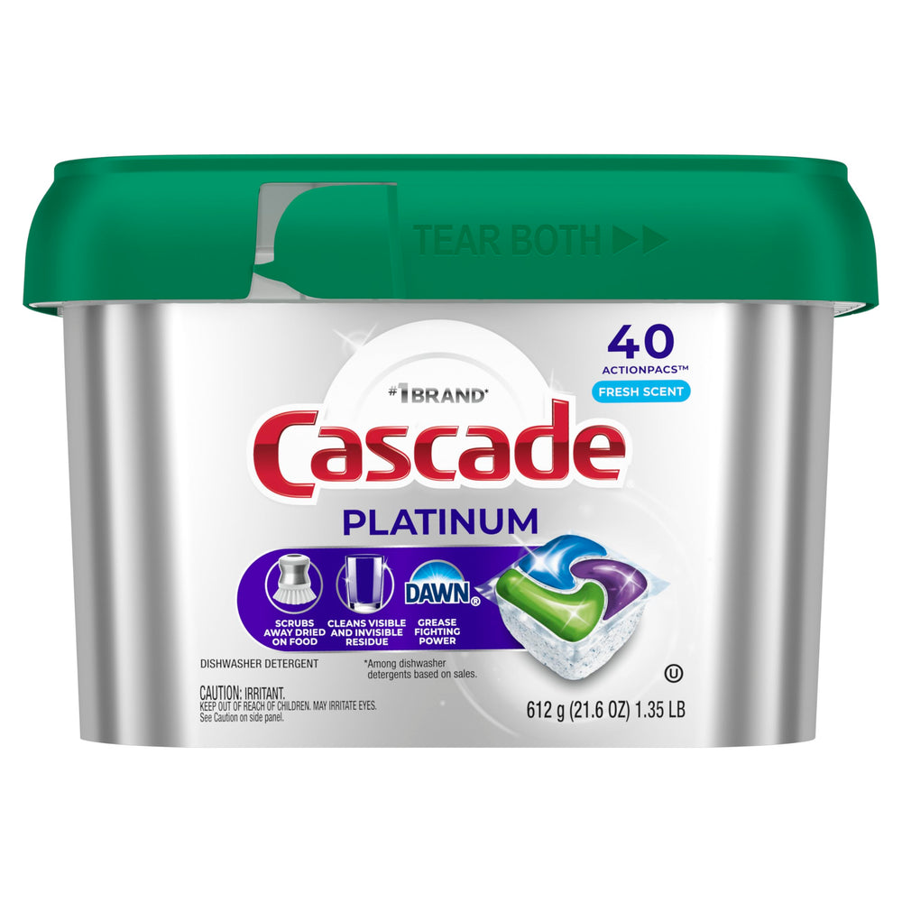 Cascade Platinum bottle shown with plumbing-safe detergent label.