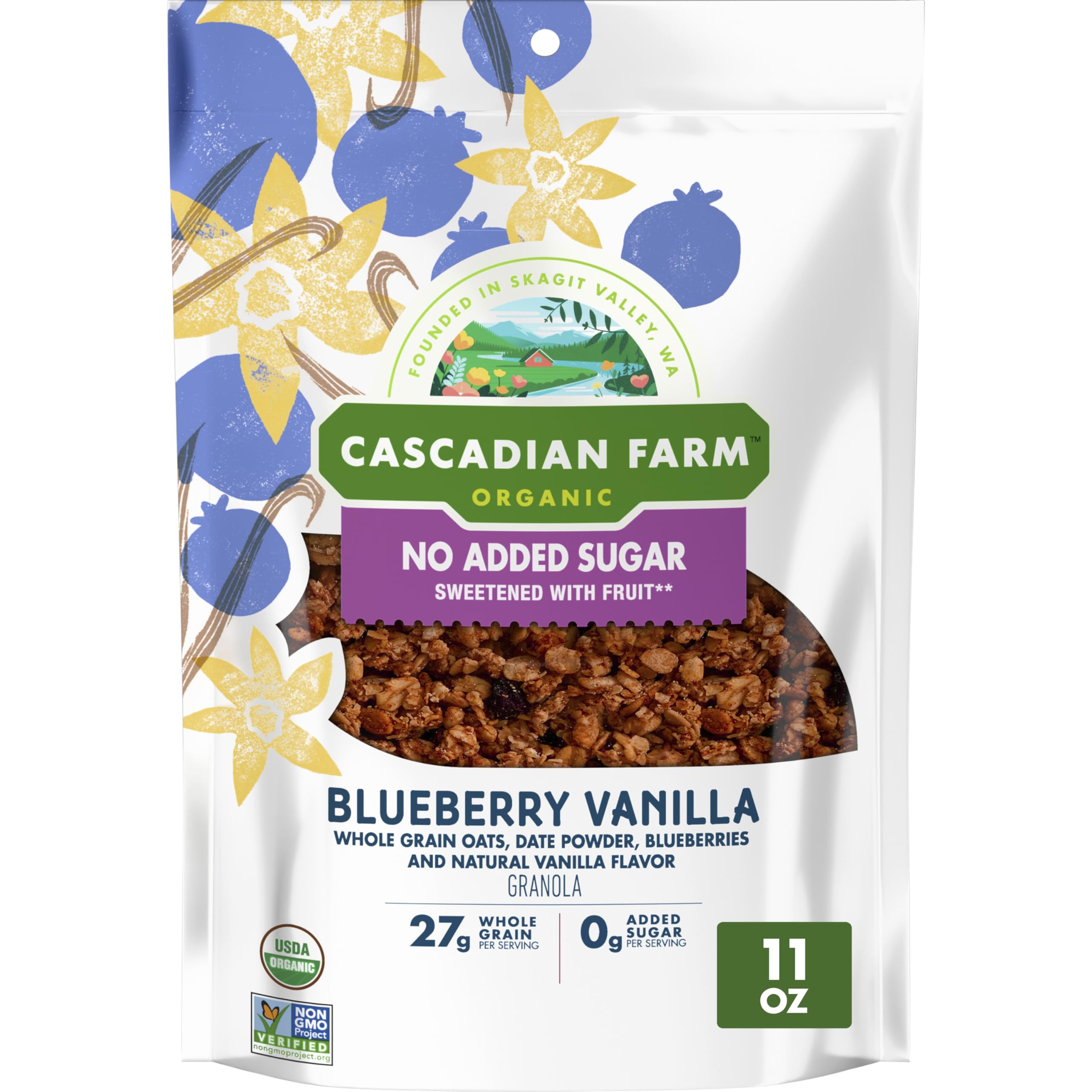 Cascadian Farm Blueberry Vanilla Granola bowl showing crunch and flavor.