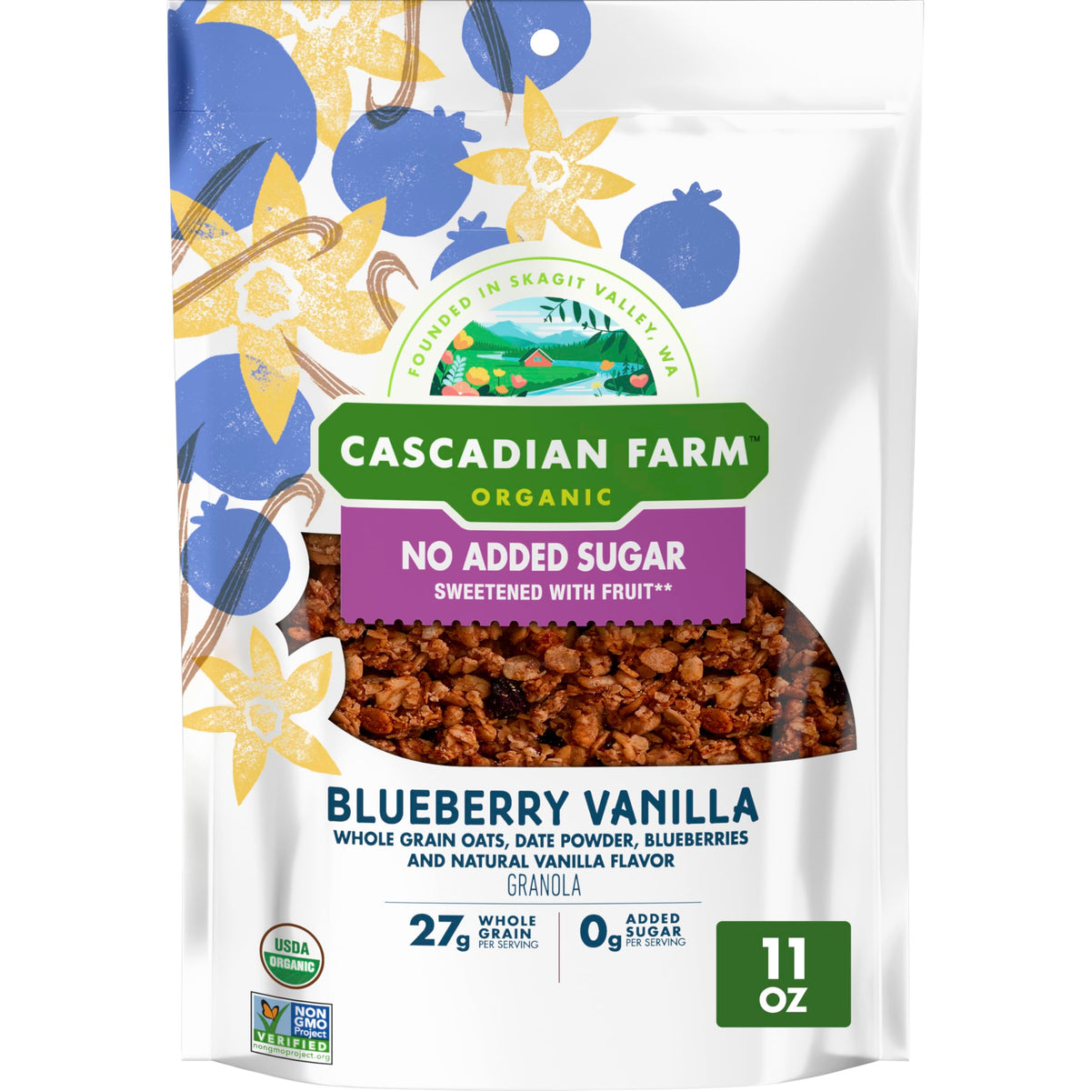Cascadian Farm Blueberry Vanilla Granola bowl showing crunch and flavor.
