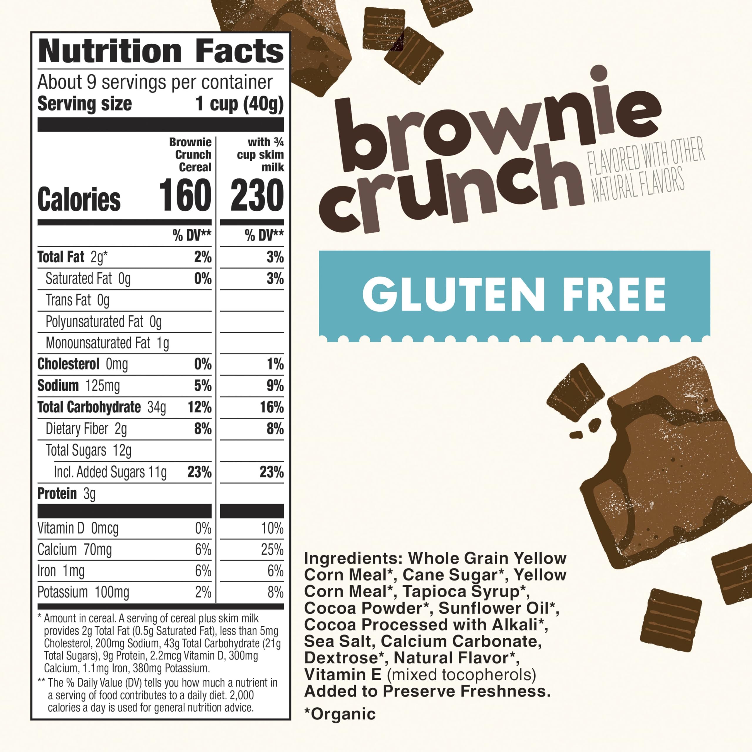 Cascadian Farm Brownie Crunch cereal being poured into a bowl with milk for breakfast.