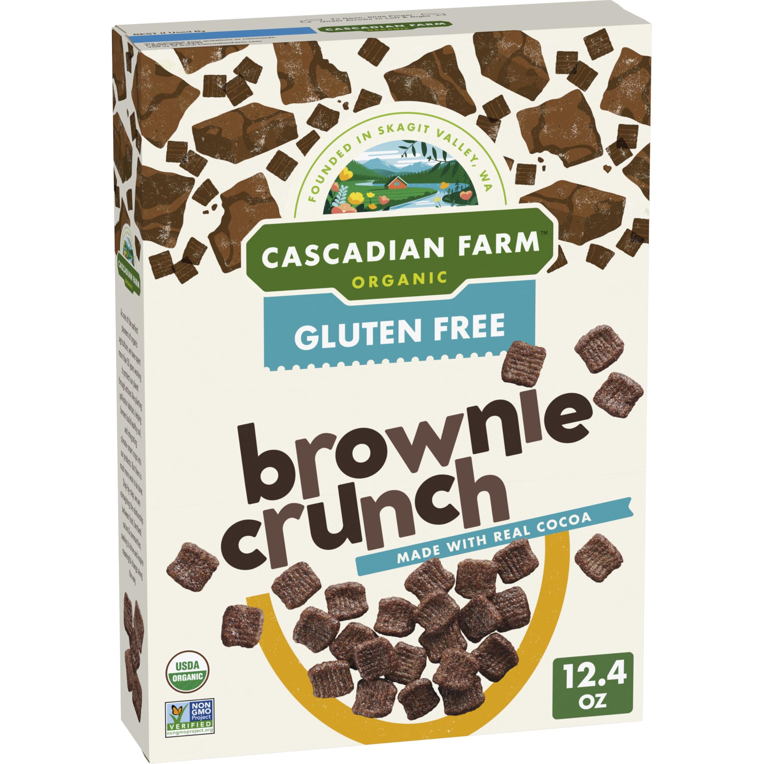 Cascadian Farm Brownie Crunch cereal box front shows real cocoa for a tasty morning.