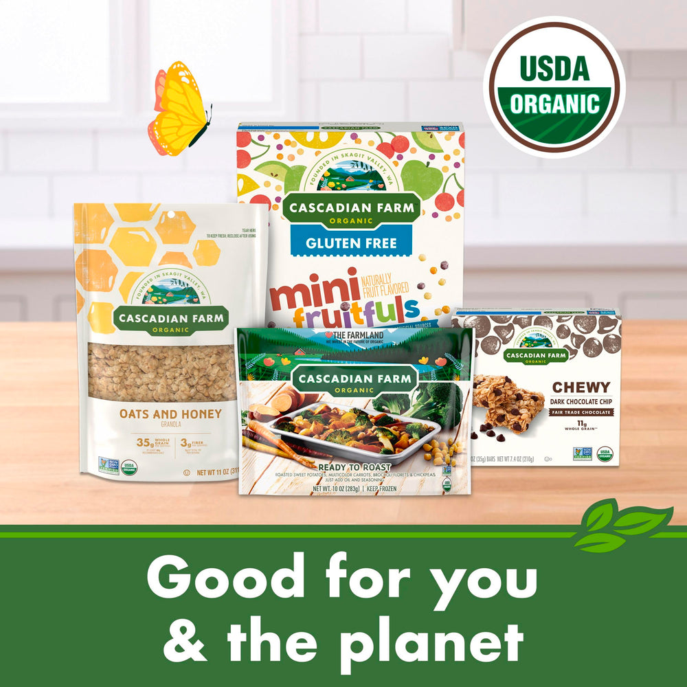 USDA Organic certification emblem beside Cascadian Farm Brownie Crunch.