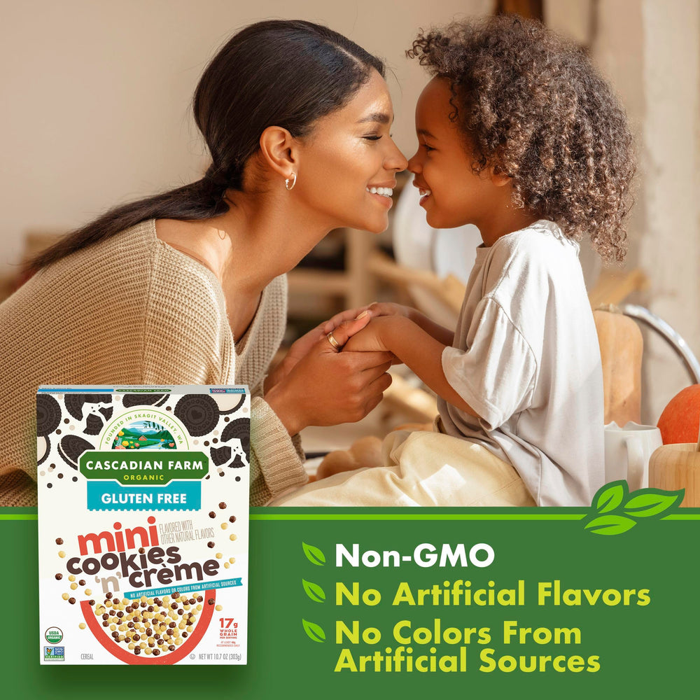 Cascadian Farm cereal box front highlighting organic and gluten-free claims