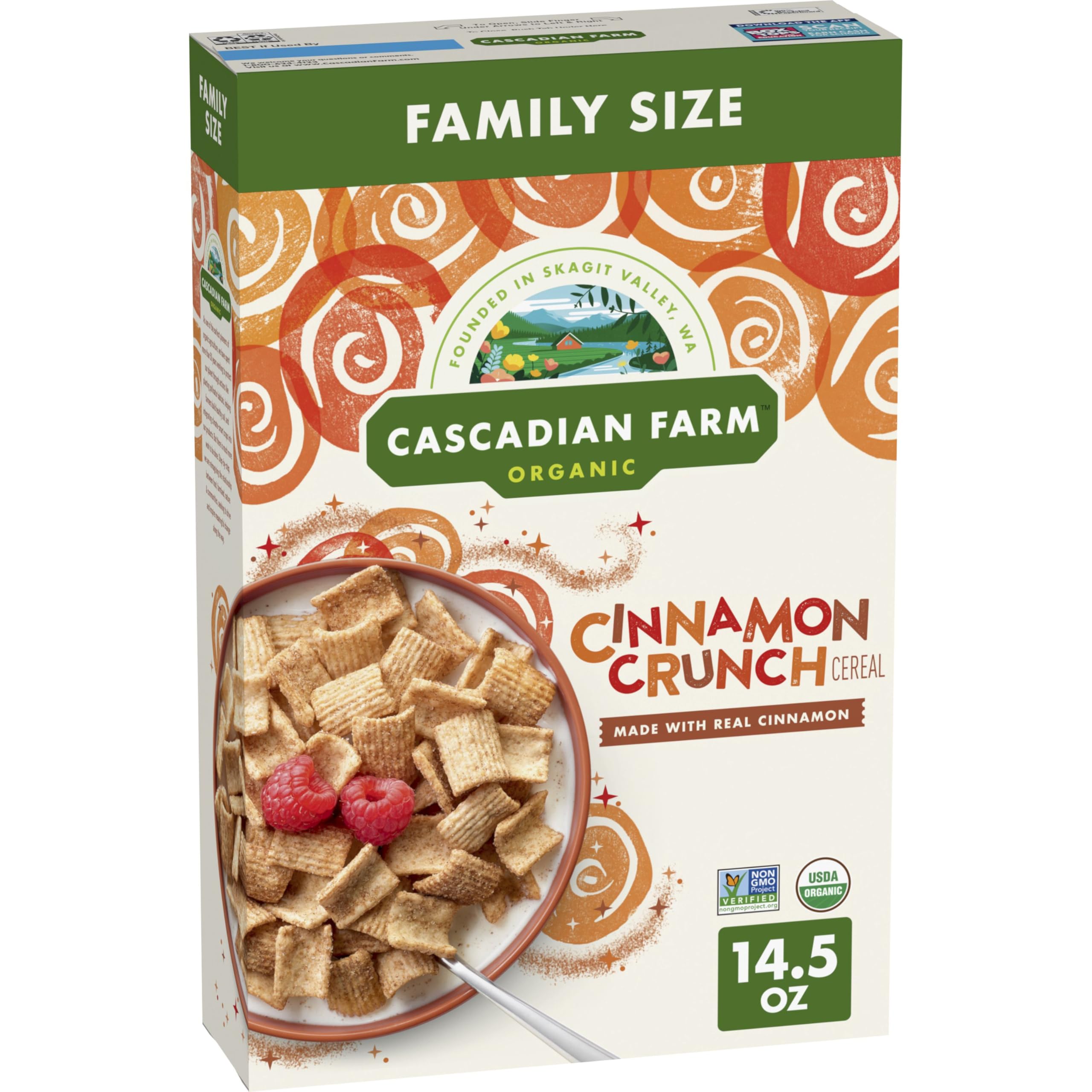 Cascadian Farm Cinnamon Crunch Cereal box front, showcasing real cinnamon for a wholesome morning.